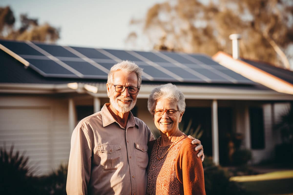Smiling older couple standing in front of their home with rooftop solar panels.