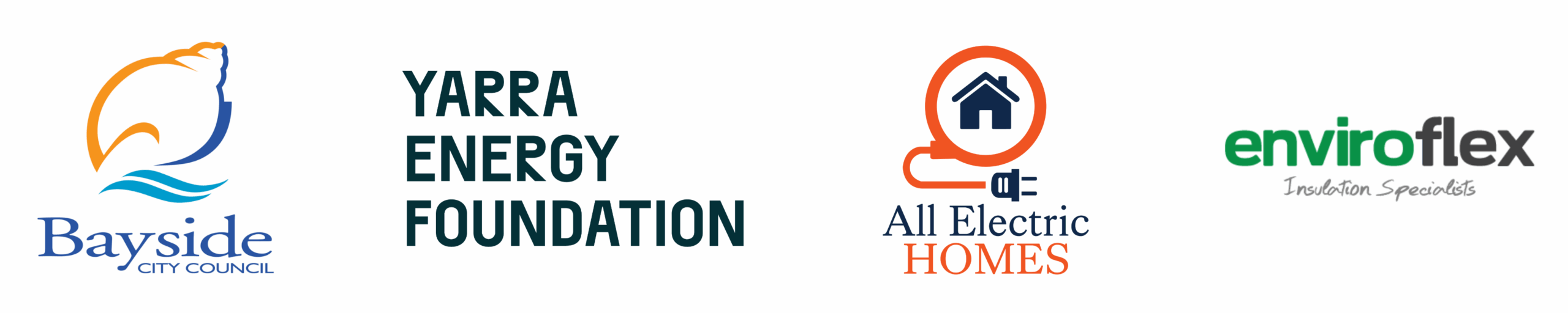Four logos in a row: Bayside City Council, Yarra Energy Foundation, All Electric Homes, and Enviroflex Insulation Specialists.